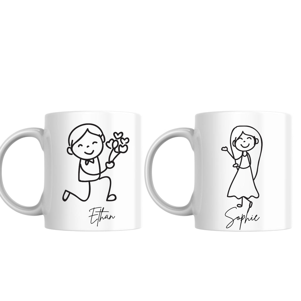 SUBLIX Custom Couple’s Mug Set | Personalized His and Hers Stick Figure Design | Romantic 11 oz Ceramic Coffee Cups | Gift for Anniversary, Wedding, Valentine’s Day, or Special Occasions