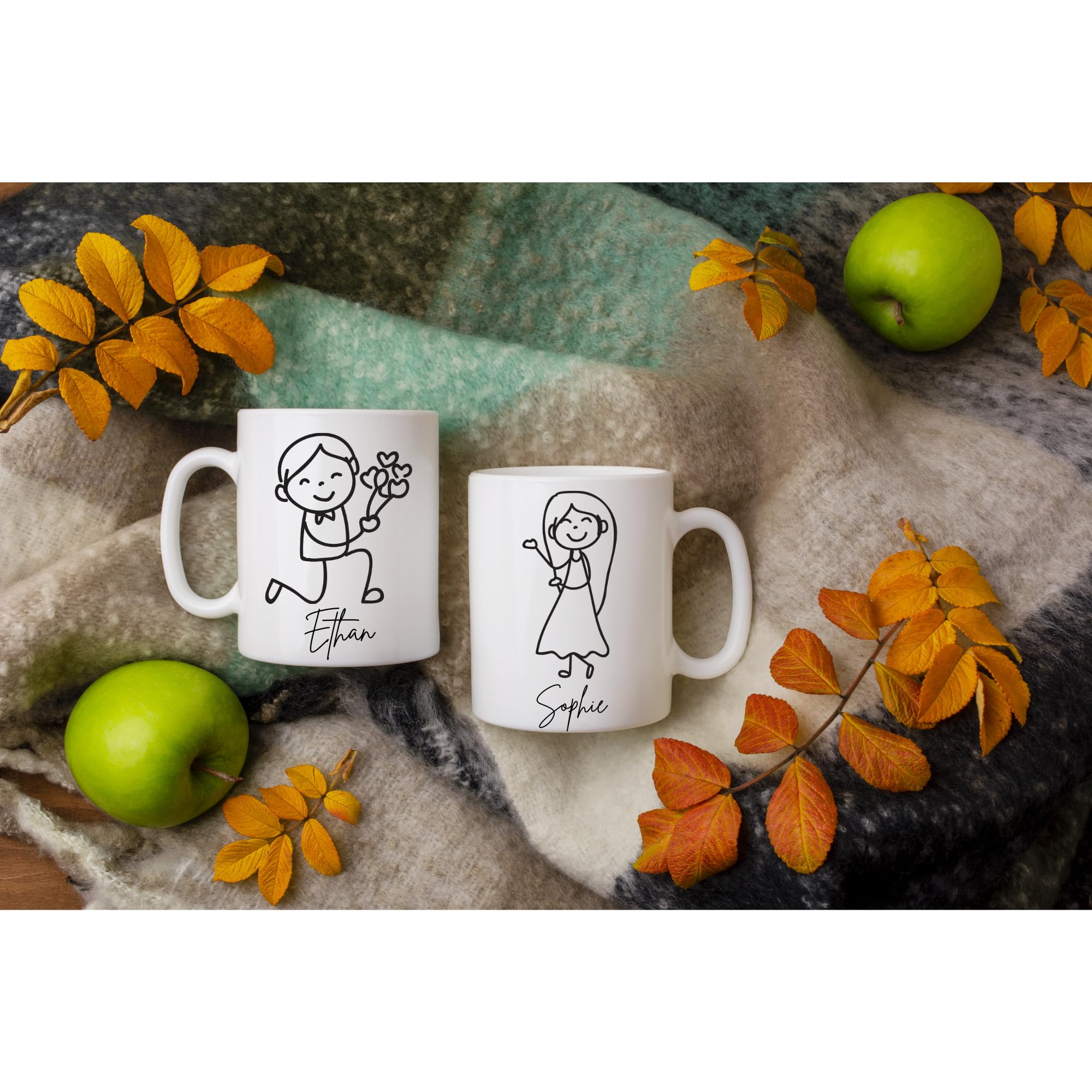 SUBLIX Custom Couple’s Mug Set | Personalized His and Hers Stick Figure Design | Romantic 11 oz Ceramic Coffee Cups | Gift for Anniversary, Wedding, Valentine’s Day, or Special Occasions