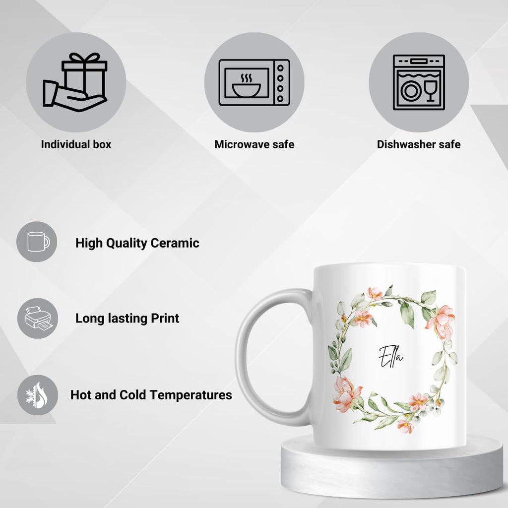 SUBLIX Personalized Floral Wreath Mug | Custom Name 11 oz Ceramic Coffee Cup | Elegant Floral Design | Gift for Birthdays, Bridesmaids, and Special Occasions
