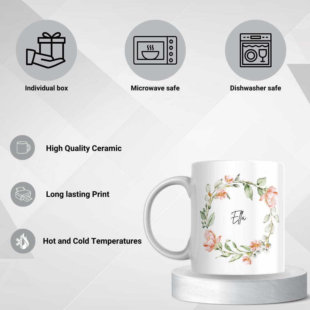 SUBLIX Personalized Floral Wreath Mug | Custom Name 11 oz Ceramic Coffee Cup | Elegant Floral Design | Gift for Birthdays, Bridesmaids, and Special Occasions