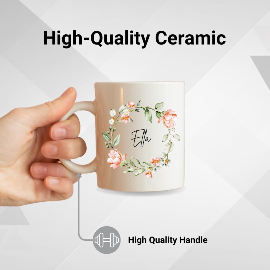 SUBLIX Personalized Floral Wreath Mug | Custom Name 11 oz Ceramic Coffee Cup | Elegant Floral Design | Gift for Birthdays, Bridesmaids, and Special Occasions