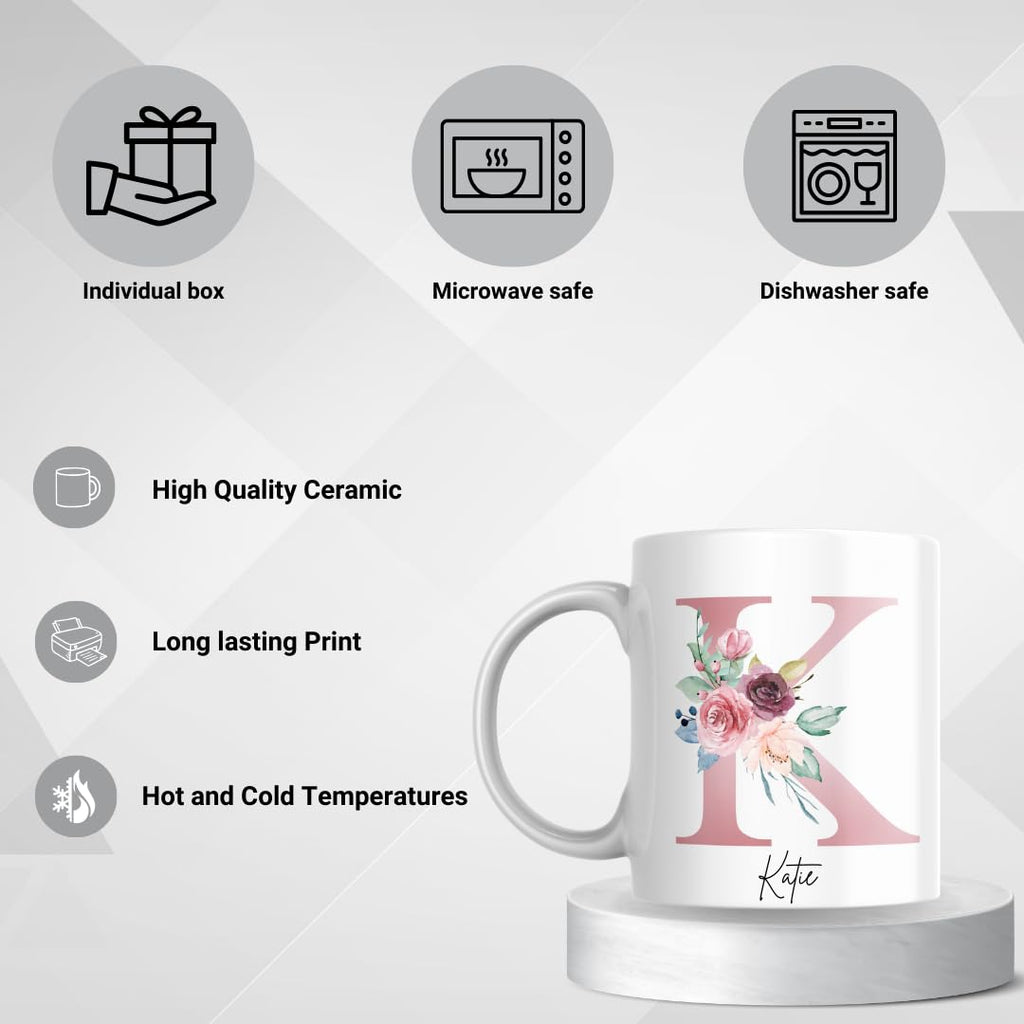 SUBLIX Personalised Mug - Custom Name Floral Coffee Mug | Cute Personalised Gifts for Women | Custom Tea Mugs & Latte Mugs | Ceramic Personalised Cup | Customised Gifts for Coffee & Tea Lovers