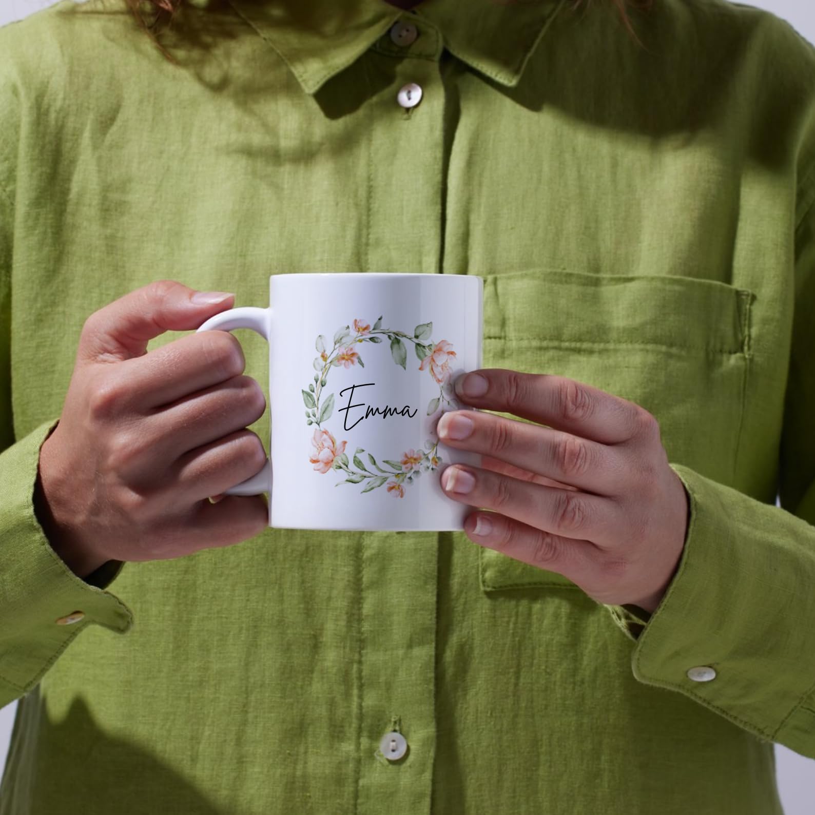 SUBLIX Personalized Floral Wreath Mug | Custom Name 11 oz Ceramic Coffee Cup | Elegant Floral Design | Gift for Birthdays, Bridesmaids, and Special Occasions